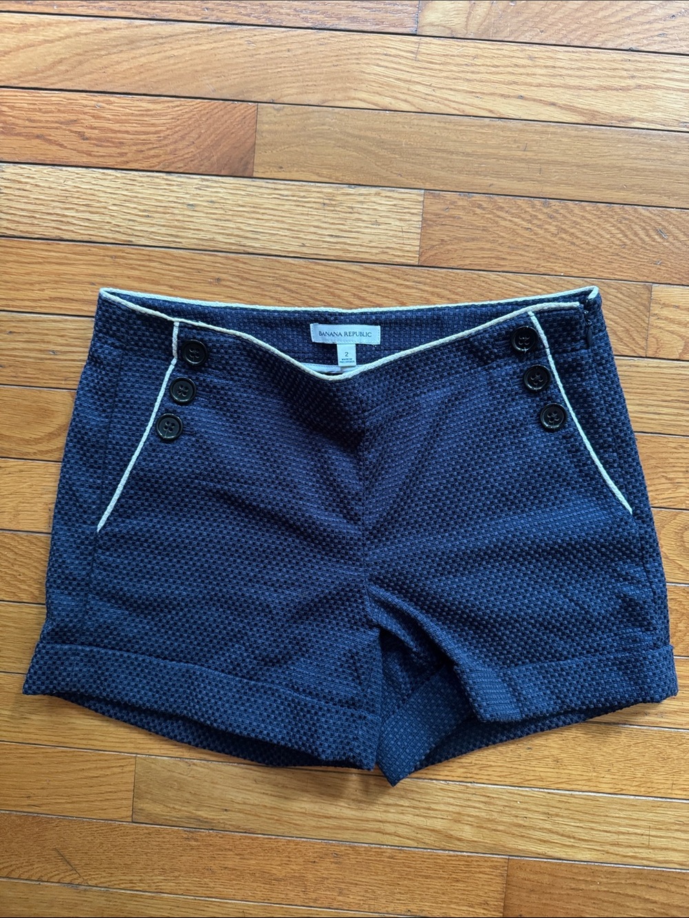 Banana Republic Navy Textured High-Waist Sailor Shorts with White Trim